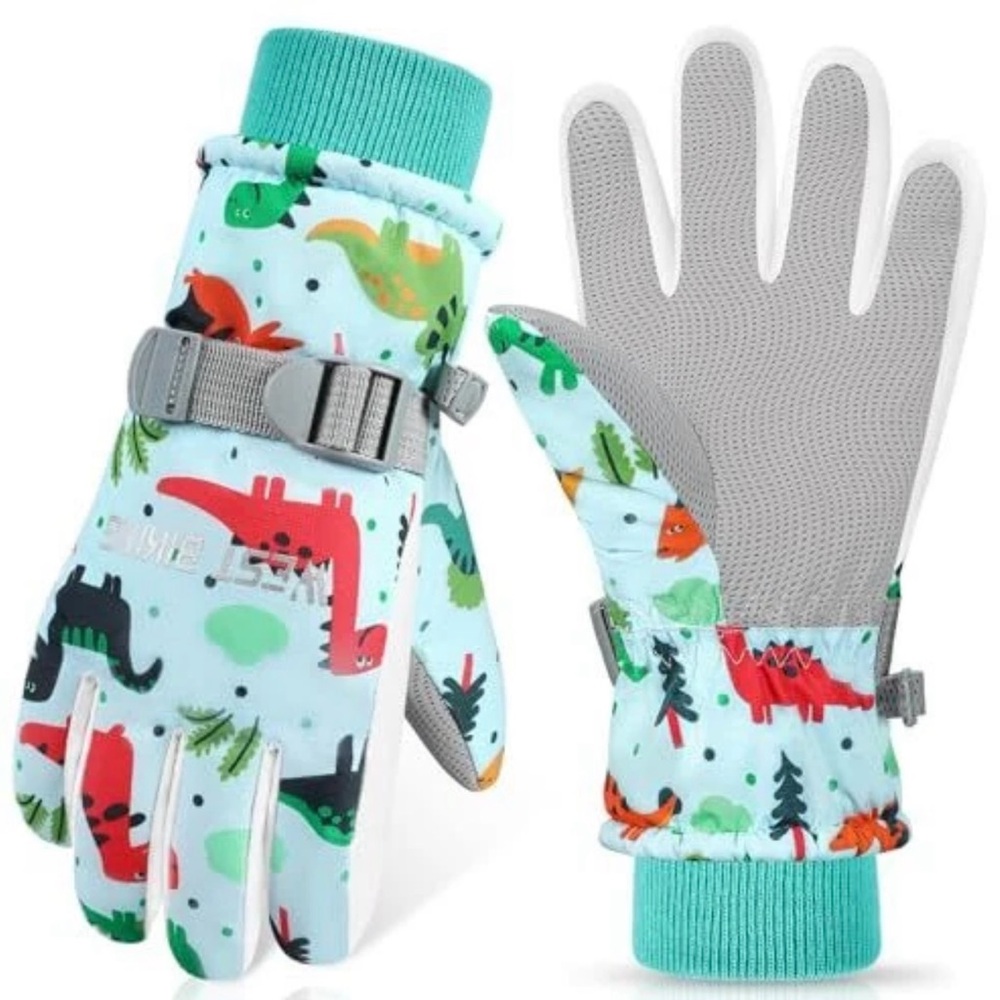 Kids Dino-Print Winter Mittens - Teal Green